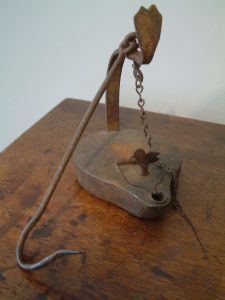Rare c1770 Betty Lamp with Bird Lock on Grease Door - Original Hanger Hook and Wick Pick