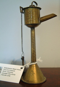 Brass Spout Lamp with Fluer-de-lis, snow flake and floral etchings - Rope-like Etching on Stem - Original Wick Pick and Chain
